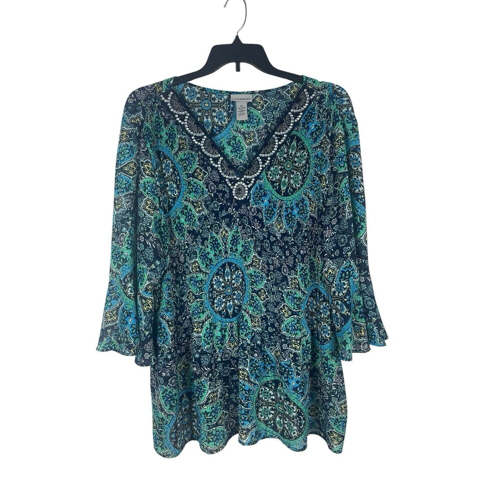 Catherines 2X Sheer Tunic Top Blue Accordion Pleat 3/4 Sleeve Beaded Vneck